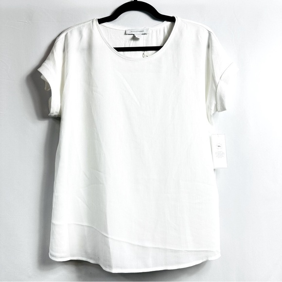 NWT Madison Grey Women’s Sz Large White Short Roll Tab Sleeve Round Neck Blouse - Picture 7 of 7